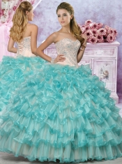 Classical  Applique and Ruffled Quinceanera Dress in Champagne and Aqua Blue