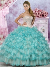 Classical  Applique and Ruffled Quinceanera Dress in Champagne and Aqua Blue