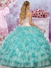 Classical  Applique and Ruffled Quinceanera Dress in Champagne and Aqua Blue