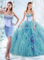 Classical  Aquamarine Detachable Quinceanera Gowns with Beaded Bust and Ruffles