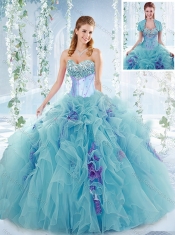 Classical  Aquamarine Detachable Quinceanera Gowns with Beaded Bust and Ruffles