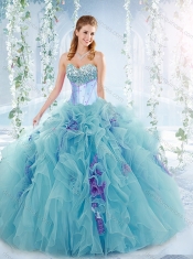 Classical  Aquamarine Detachable Quinceanera Gowns with Beaded Bust and Ruffles