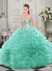 Classical  Beaded and Ruffled Aqua Blue Sweet 16 Dress with Detachable Straps