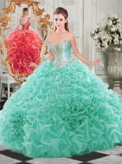 Classical Beaded and Ruffled Aqua Blue Sweet 16 Dress with Detachable Straps