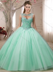 Classical  Beaded Bodice Apple Green Sweet Fifteen Dress with Detachable Straps
