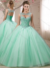 Classical Beaded Bodice Apple Green Sweet Fifteen Dress with Detachable Straps