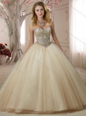 Classical Beaded Bodice Tulle Champagne Discount Quinceanera Dresses with Brush Train