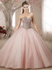 Classical Beaded Bodice Tulle Champagne Discount Quinceanera Dresses with Brush Train