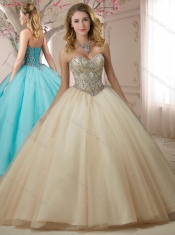 Classical Beaded Bodice Tulle Champagne Discount Quinceanera Dresses with Brush Train