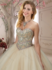 Classical Beaded Bodice Tulle Champagne Discount Quinceanera Dresses with Brush Train