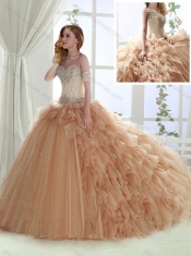 Classical Brush Train Beaded Tulle Sweet Fifteen Dress in Champagne