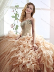 Classical Brush Train Beaded Tulle Sweet Fifteen Dress in Champagne