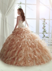Classical Brush Train Beaded Tulle Sweet Fifteen Dress in Champagne
