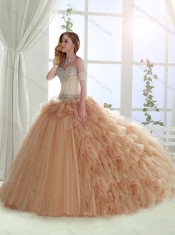 Classical Brush Train Beaded Tulle Sweet Fifteen Dress in Champagne