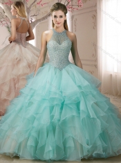 Classical  Halter Top Apple Green Quinceanera Gown with Pearls and Ruffless