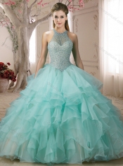 Classical  Halter Top Apple Green Quinceanera Gown with Pearls and Ruffless