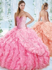 Classical Organza Beaded Rose Pink Quinceanera Dress with Detachable Straps