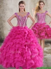 Classical Ruffled and Beaded Bodice Detachable Quinceanera Dresses in Hot Pink