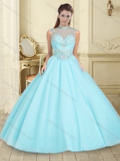 Classical See Through High Neck Zipper Up Quinceanera Gown in Aque Blue