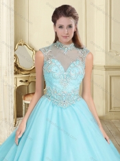 Classical See Through High Neck Zipper Up Quinceanera Gown in Aque Blue