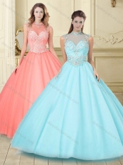 Classical See Through High Neck Zipper Up Quinceanera Gown in Aque Blue