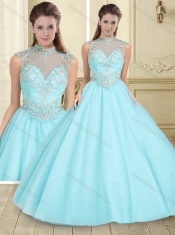 Classical See Through High Neck Zipper Up Quinceanera Gown in Aque Blue