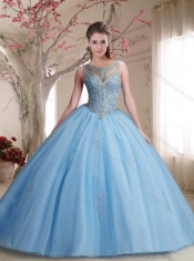 Classical See Through Scoop Beaded Bodice Discount Quinceanera Dresses in Light Blue