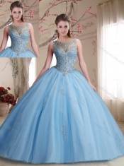 Classical See Through Scoop Beaded Bodice Discount Quinceanera Dresses in Light Blue
