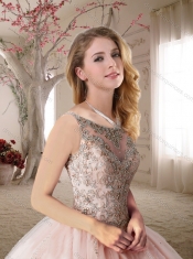 Classical See Through Scoop Beaded Bodice Discount Quinceanera Dresses in Light Blue