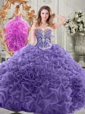 Elegant Brush Train Lavender Discount Quinceanera Dresses with Beaded Bodice and Ruffles