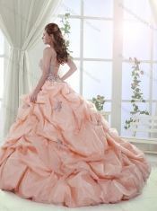 Elegant Brush Train Peach 15th Birthday Dresses with Appliques and Bubbles