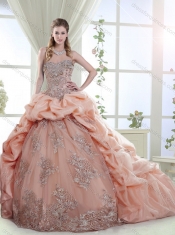 Elegant Brush Train Peach 15th Birthday Dresses with Appliques and Bubbles