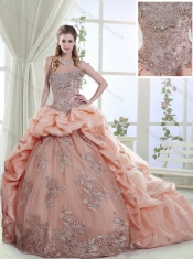 Elegant Brush Train Peach 15th Birthday Dresses with Appliques and Bubbles