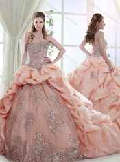 Elegant Brush Train Peach 15th Birthday Dresses with Appliques and Bubbles