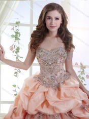 Elegant Brush Train Peach 15th Birthday Dresses with Appliques and Bubbles