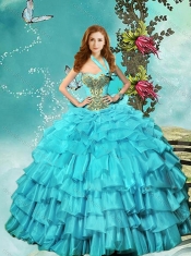 Elegant Halter Top Aqua Blue Quinceanera Dress with Ruffled Layers and Beading
