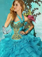 Elegant Halter Top Aqua Blue Quinceanera Dress with Ruffled Layers and Beading