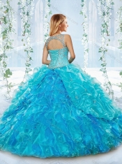 Elegant See Through Beaded and Ruffled Detachable Quinceanera dresses in Blue
