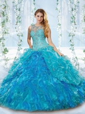 Elegant See Through Beaded and Ruffled Detachable Quinceanera dresses in Blue