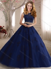Elegant Two Pieces See Through Scoop Beaded and Applique Discount Quinceanera Dresses in Aqua Blue