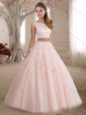Elegant Two Pieces See Through Scoop Beaded and Applique Discount Quinceanera Dresses in Aqua Blue