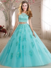 Elegant Two Pieces See Through Scoop Beaded and Applique Discount Quinceanera Dresses in Aqua Blue