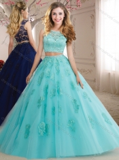 Elegant Two Pieces See Through Scoop Beaded and Applique Discount Quinceanera Dresses in Aqua Blue