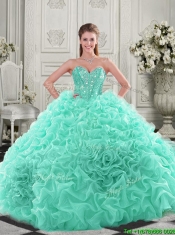 Elegant Visible Boning Organza Apple Green Quinceanera Dress with Chapel Train