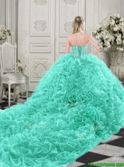 Elegant Visible Boning Organza Apple Green Quinceanera Dress with Chapel Train