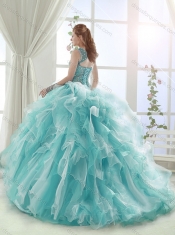 Exclusive Beaded and Ruffled Straps Discount Quinceanera Dresses in White and Aqua Blue