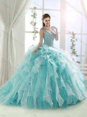 Exclusive Beaded and Ruffled Straps Discount Quinceanera Dresses in White and Aqua Blue