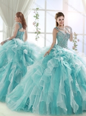 Exclusive Beaded and Ruffled Straps Discount Quinceanera Dresses in White and Aqua Blue