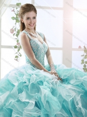 Exclusive Beaded and Ruffled Straps Discount Quinceanera Dresses in White and Aqua Blue