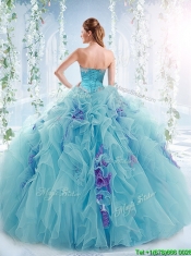 Exquisite Applique Bodice Aqua Blue Detachable Quinceanera Gowns in Organza